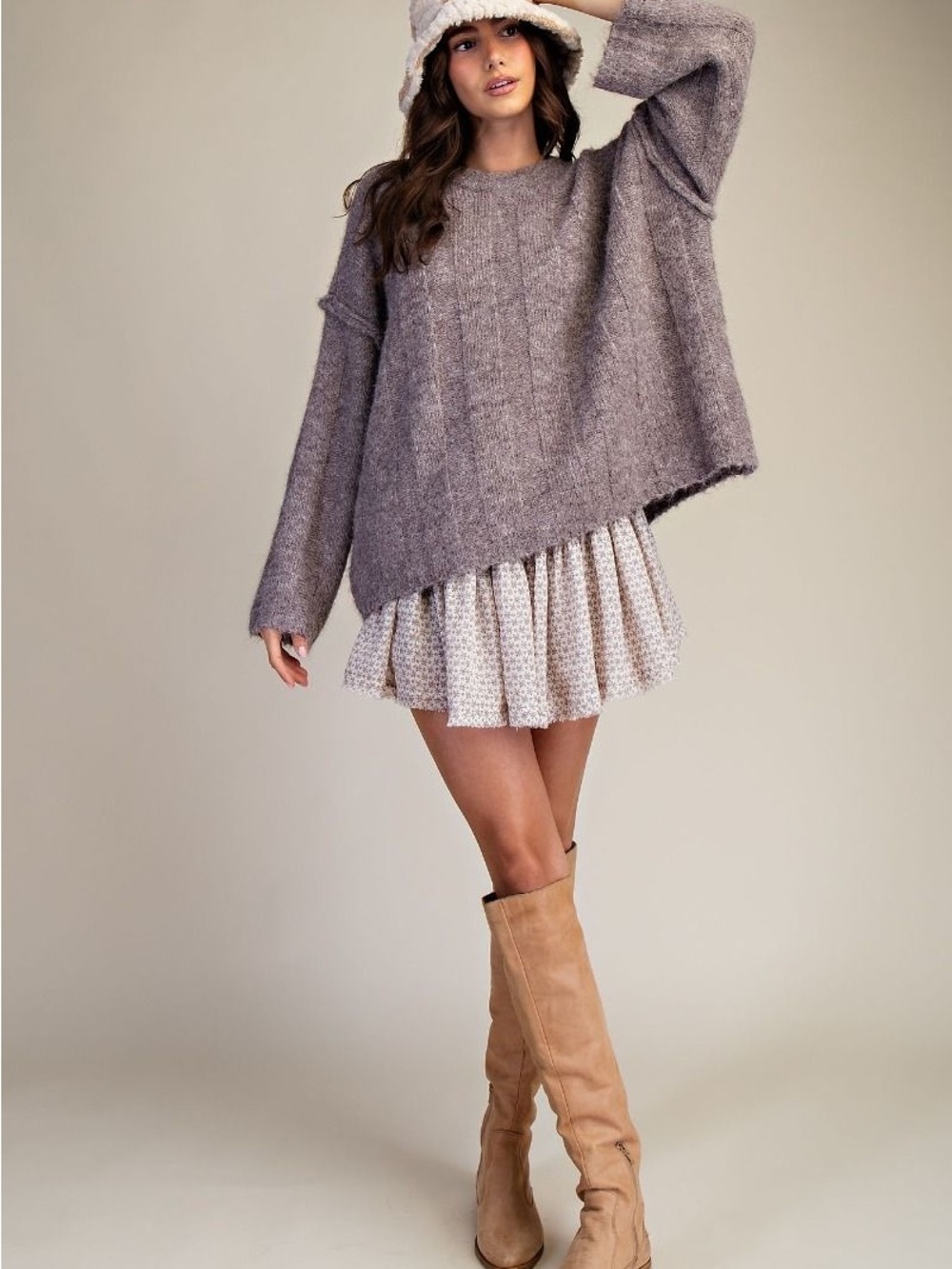 48.Easel OVERSIZED LONG SLEEVE FUZZ KNITTED SWEATER taupe brown mocha - Picture 2 of 6